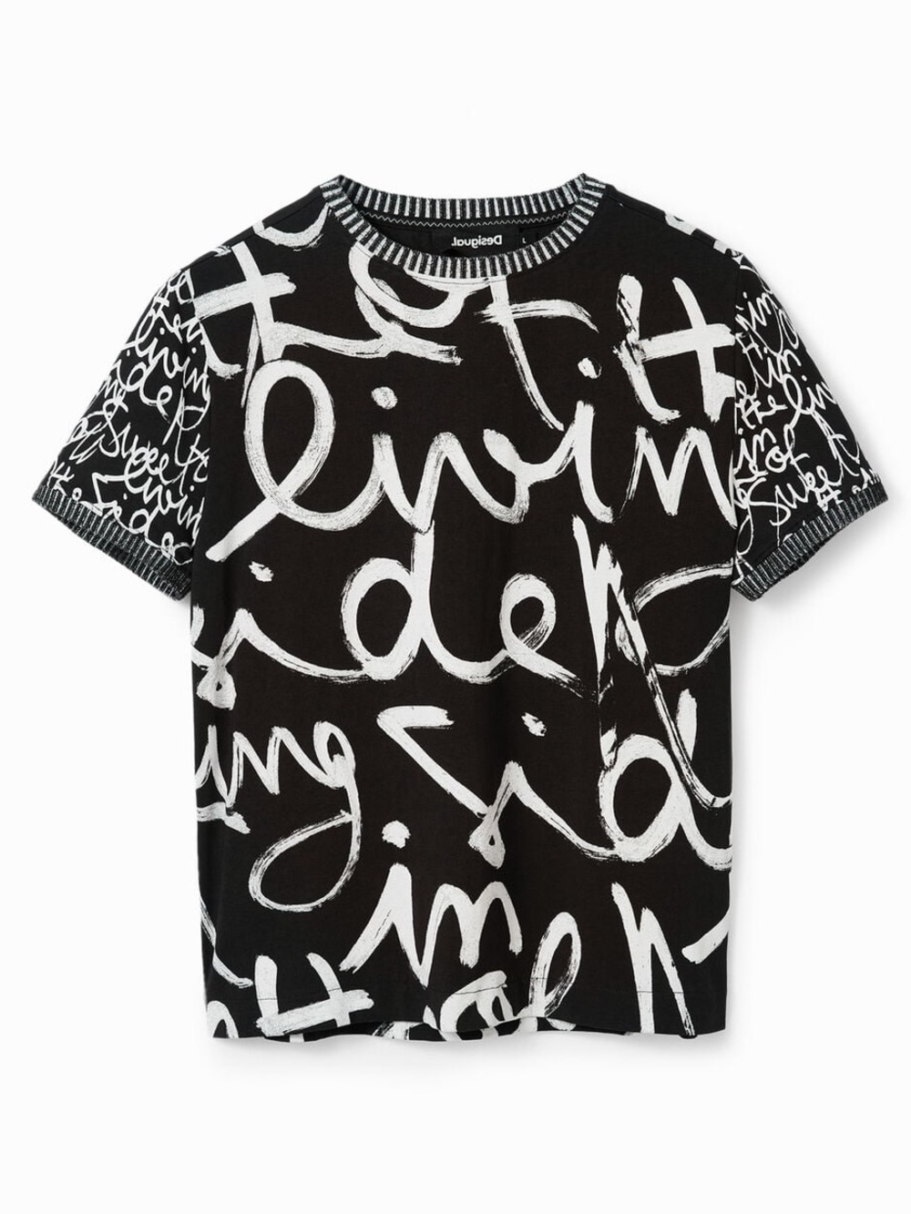 Desigual Graffiti Graphic Tee Black White Y2K Artsy Streetwear Size M